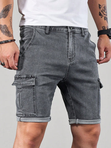 Men Cotton Flap Pocket Side Bermuda Denim Shorts Cargo Plain Light Grey Vacation Basic