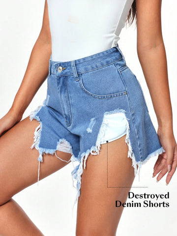 Women's Distressed Denim Shorts With Frayed Hem And Pocket Detail, Casual