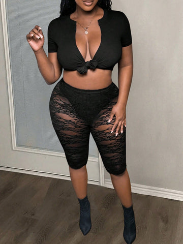 Sexy Black Short Sleeve Plunging Neckline Tie Hem Top And Lace Mid-Length Bodycon Leggings Set