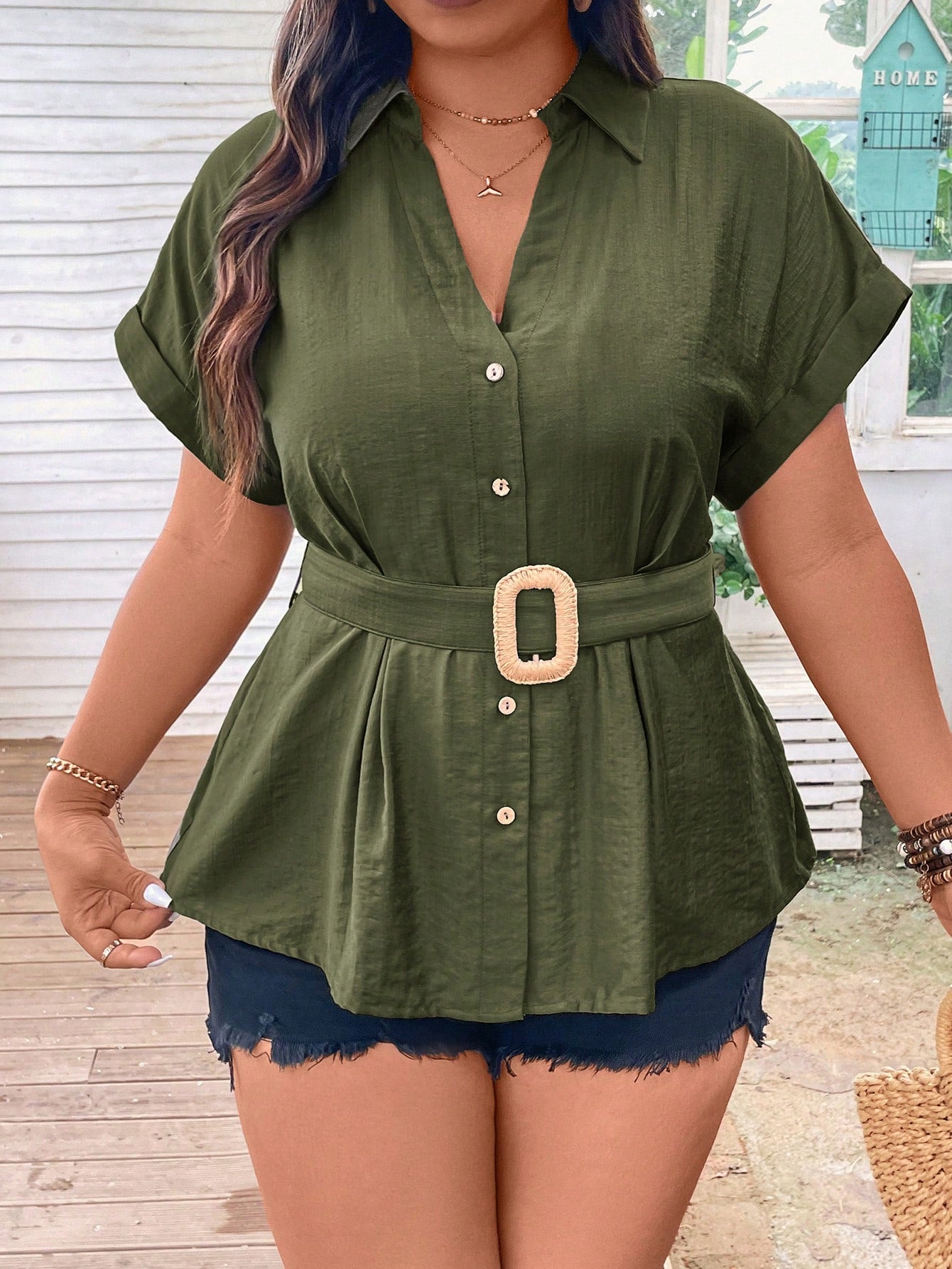 Plus Size Women's Solid Color Batwing Short Sleeve Casual Casual Shirt, Summer