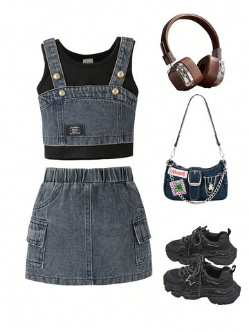 Baby Girl Fashionable And Cute Denim Tank Top And Skirt Set, Summer