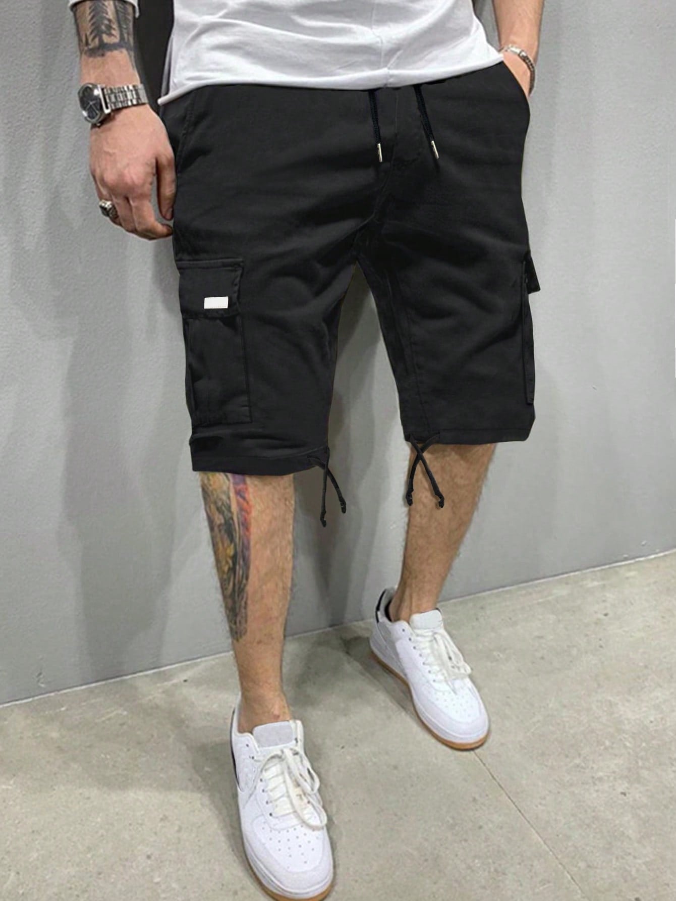 Men Flap Pocket Drawstring Waist Cargo Shorts Plain Black Boyfriend Gift