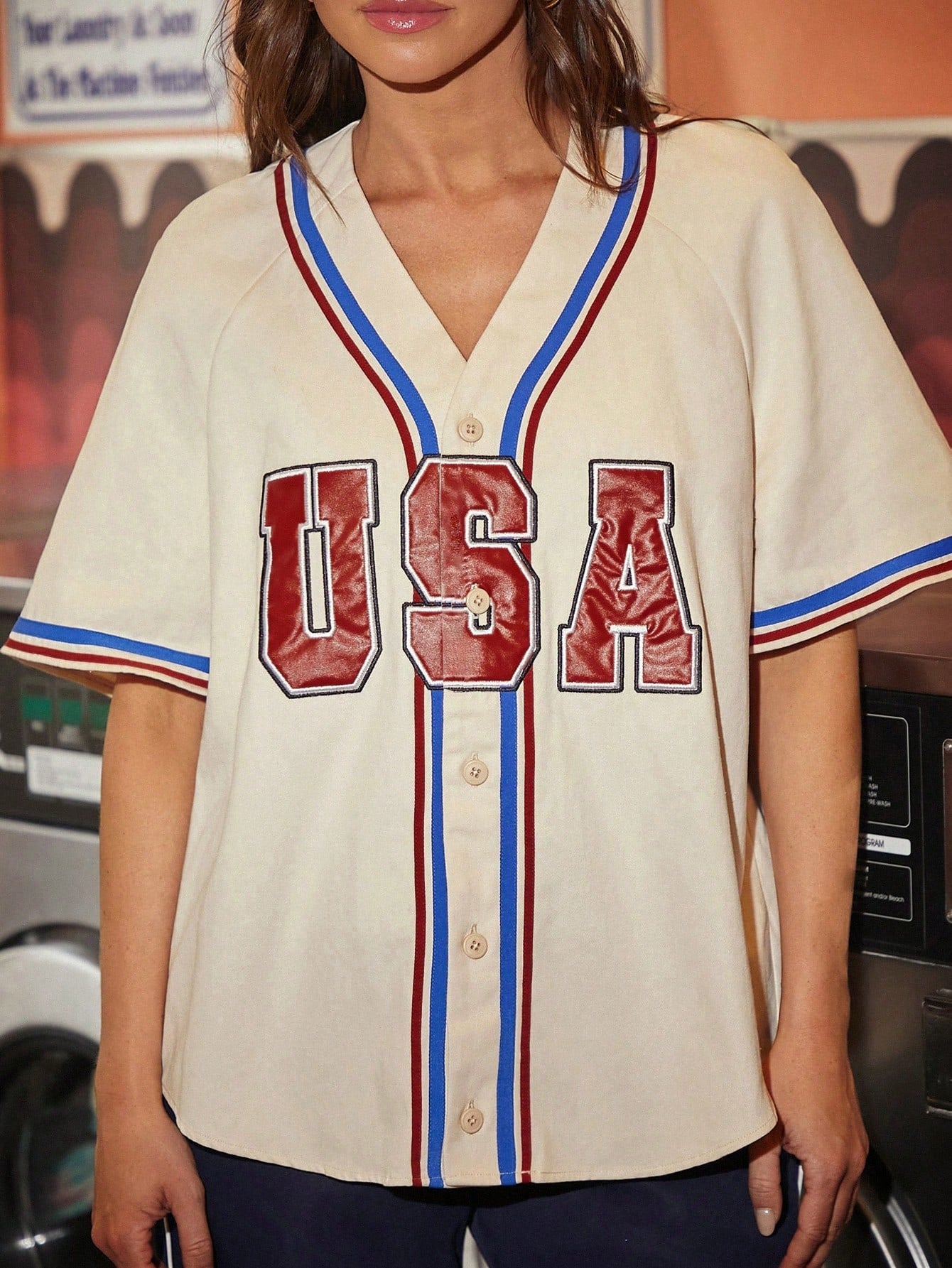 Women's Fashionable Short-Sleeved Shirt With USA Letter Print And Color-Block Hem