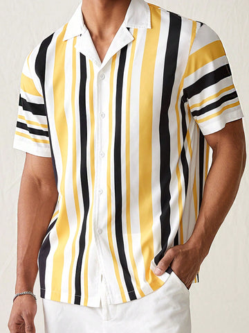 Men's Woven Fashionable Striped Loose Short Sleeve Shirt, Spring/Summer Style