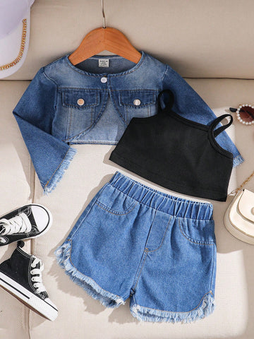 3pcs Baby Girls' Denim Jacket + Denim Shorts + Suspender Top Set, Short Sleeve