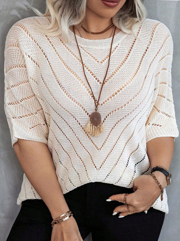 Plus Size Women's Fashionable Solid Color Loose Hollow Knitted Top