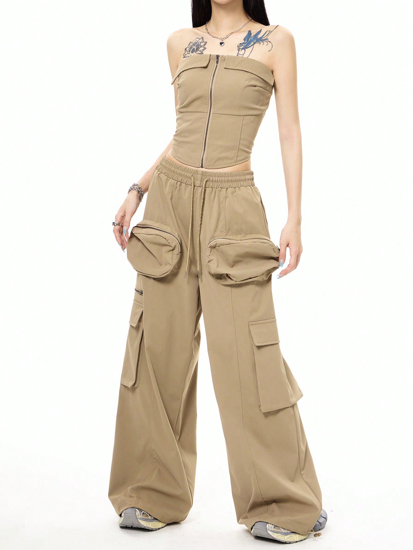 Women's Fashionable Strapless Jumpsuit With Long Pants, 2 Pieces/Set, Summer