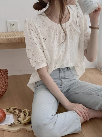 Women's Summer Solid Color Round Neck Short Puff Sleeve Casual T-Shirt With Pleats