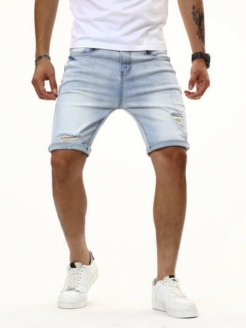 Men Washed Ripped Denim Shorts Jorts Plain Light Blue Work Basic Friends