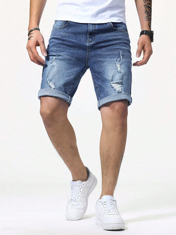 Men Ripped Rolled Hem Bermuda Denim Shorts