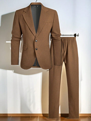 Men's Casual Solid Color Suit Set With Coat And Long Pants