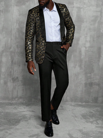 Men's Paisley Flower Shawl Collar Suit, Solid Color Long Pants Suit