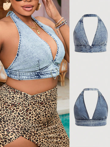 Plus Size Sexy Denim Top With Heart-Shaped Buckle, Halter Neck And Backless Design, Blue