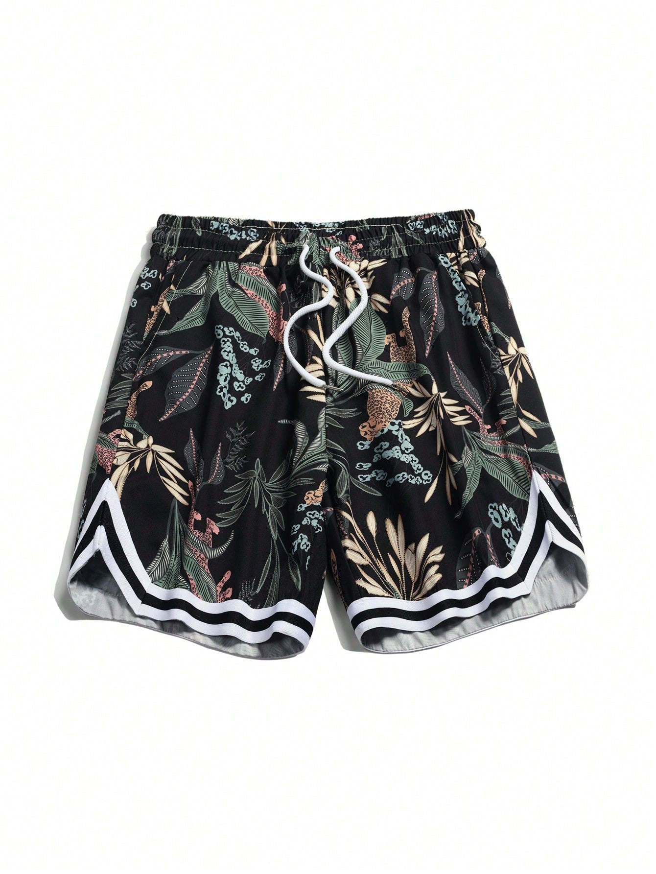 Vacation Men's Vintage Plant Printed Striped Woven Belt Drawstring Waist Shorts For Summer