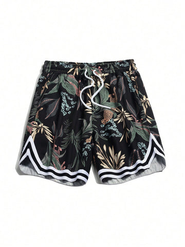 Vacation Men's Vintage Plant Printed Striped Woven Belt Drawstring Waist Shorts For Summer