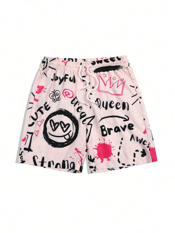 Men's Pink Graffiti Print Shorts, Summer