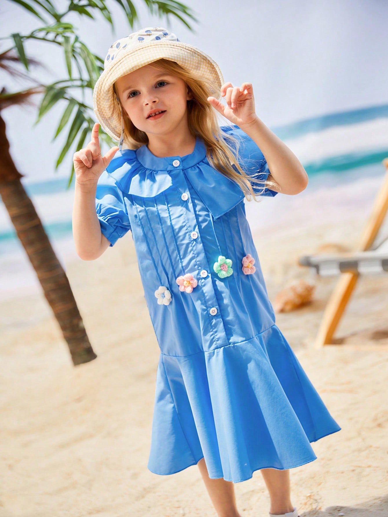 Young Girl Casual Puff Sleeve Stand Collar Dress With 3D Flower Decor And Ruffled Hem, Suitable For Summer