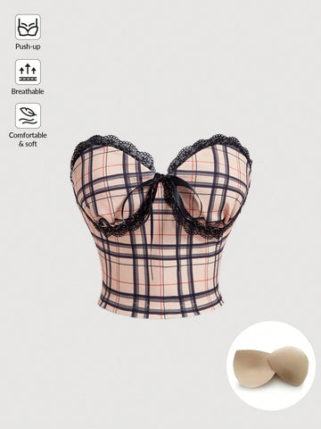 Old Money Style Chest Pad Academia Style Plaid Khaki Lace Trim Strapless Bandeau Bustier Top With Bow Tie And Lace-Up Detail,Party Top