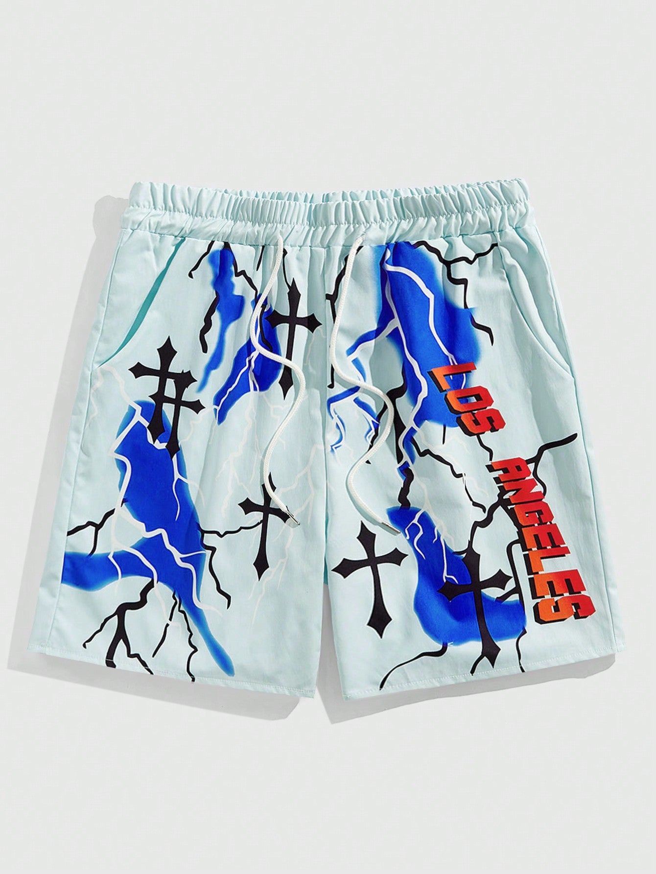 Men's Summer Casual Drawstring Waist Shorts With Lightning Cross And Letter LOS ANGELES Print