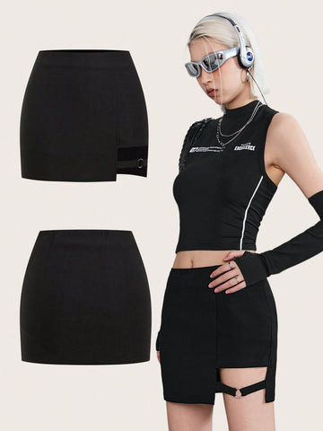 Casual Asymmetric Belted Slit Mini Skirt For Women, Streetwear