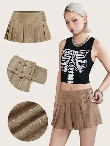 Cool And Trendy Street-Style Motor Lady's Low-Waist A-Line Mini Skirt With Slit And Pleated Design