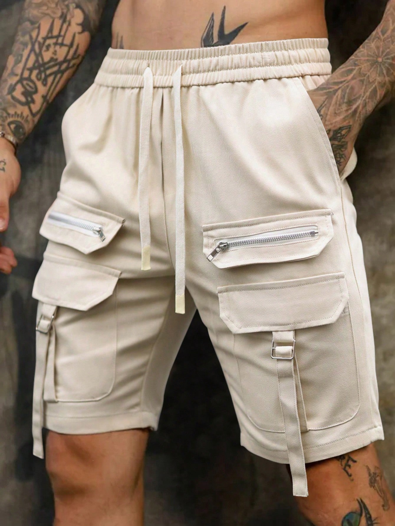 Men Cotton Spring And Summer Casual Solid Color Drawstring Waist Work Shorts