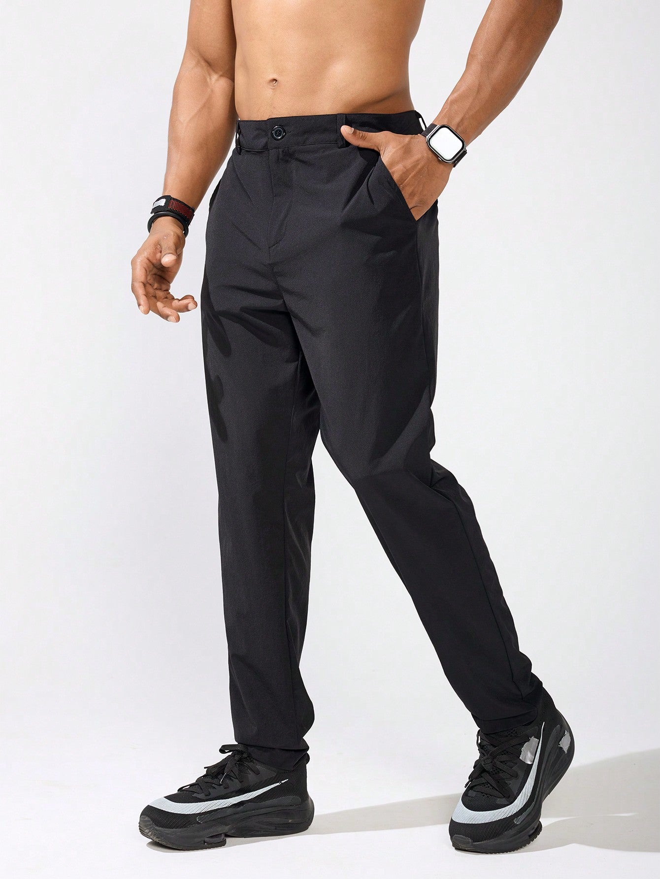 Men's Solid Color Swallow Gird Woven Sports Pants With Pockets, Vacation Style