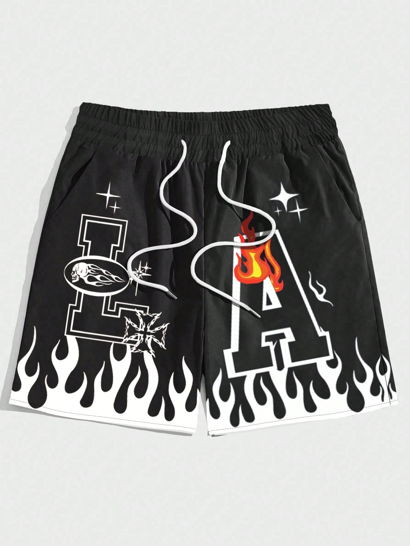 Men's Drawstring Flame Letter Print Casual Shorts