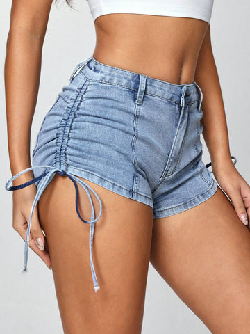 Women's Casual Denim Shorts With Side Lace-Up