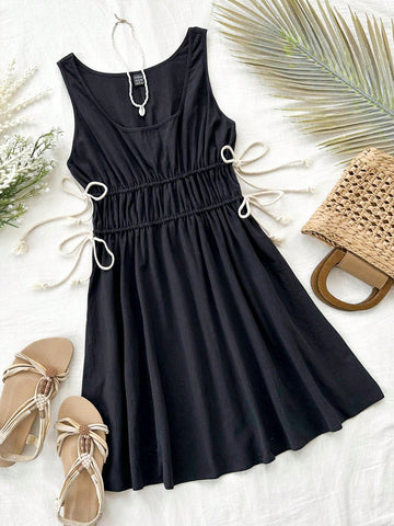 Women's Black Waist Drawstring Ruched A-Line Mini Dress With Adjustable Straps, Perfect For Vacation And Casual Wear