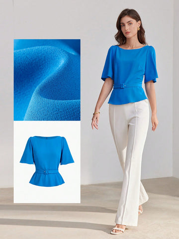 SOLID BOAT NECK FLUTTER SLEEVE BLOUSE