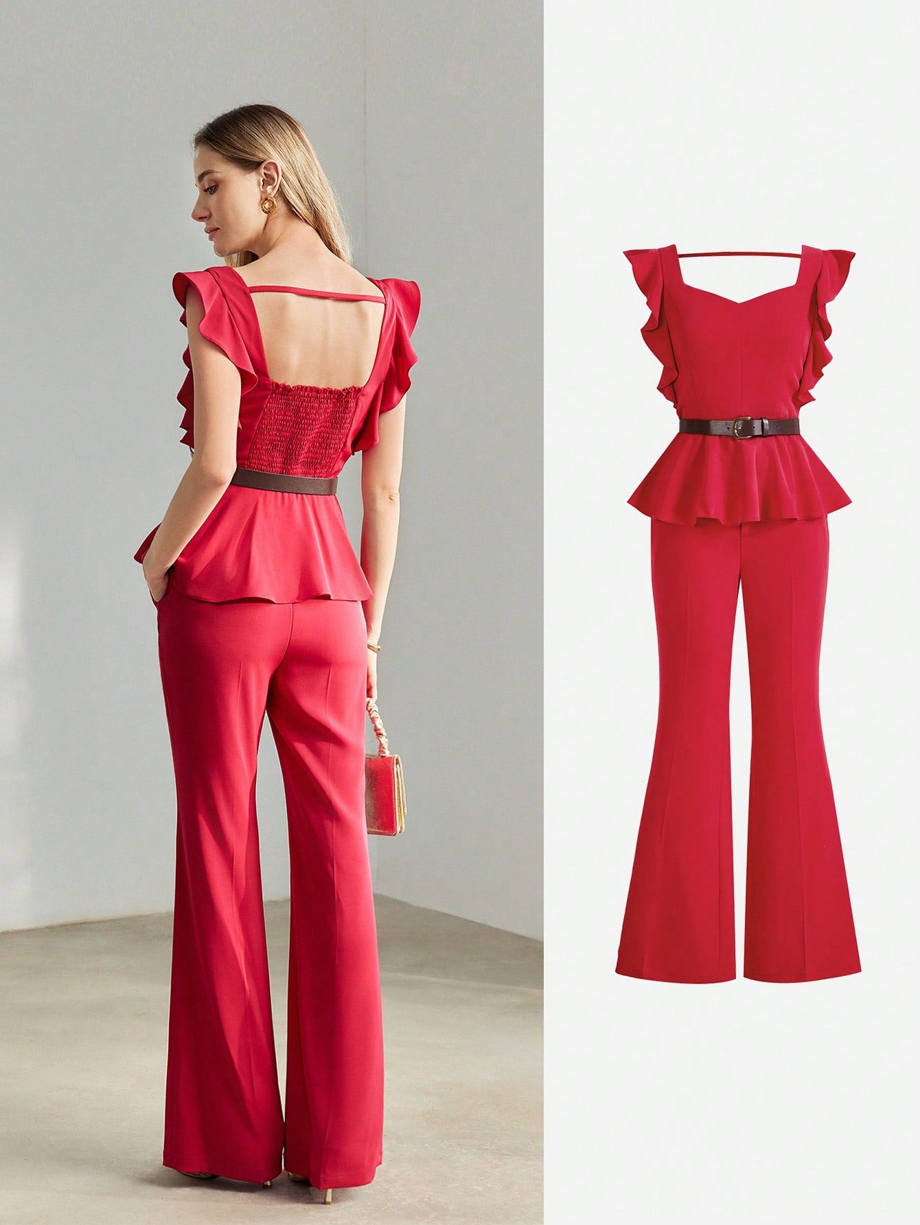 SOLID SWEETHEART NECK RUFFLE ARMHOLE PEPLUM TOP & FLARE LEG PANTS