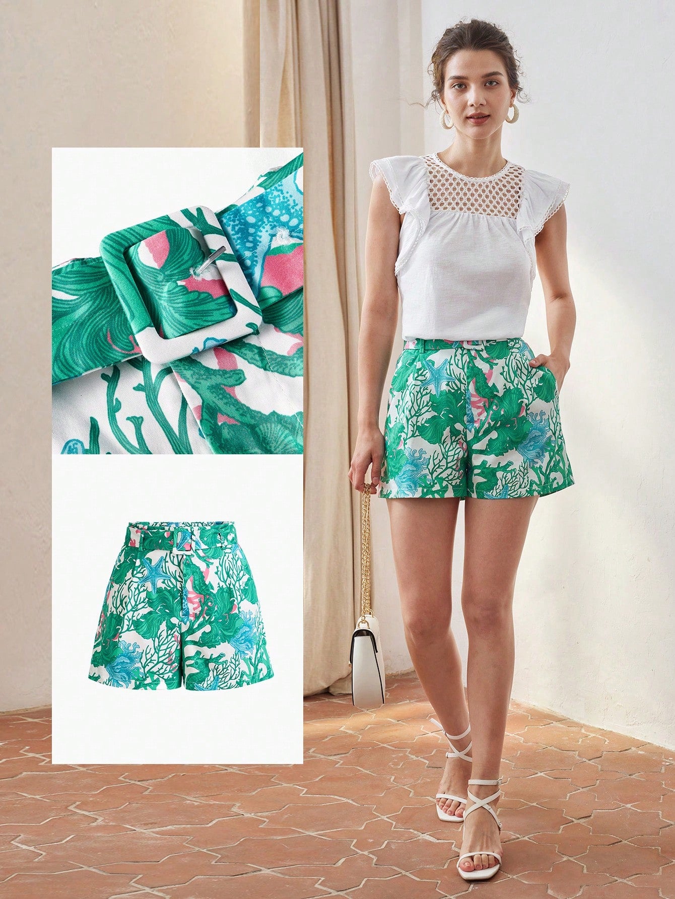 CORAL PRINT SLANT POCKET BUCKLE BELTED SHORTS