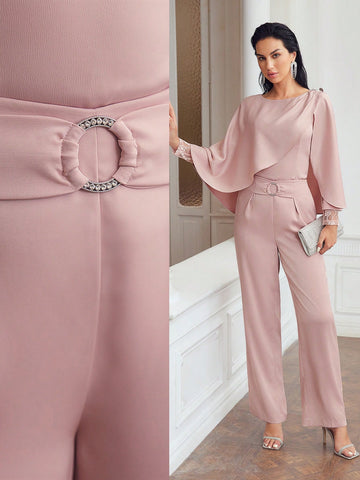 RHINESTONE RING RUCHED FOLD PLEATED STRAIGHT LEG PANTS