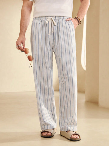 Men's Striped Belted Straight Wide Leg Casual Pants