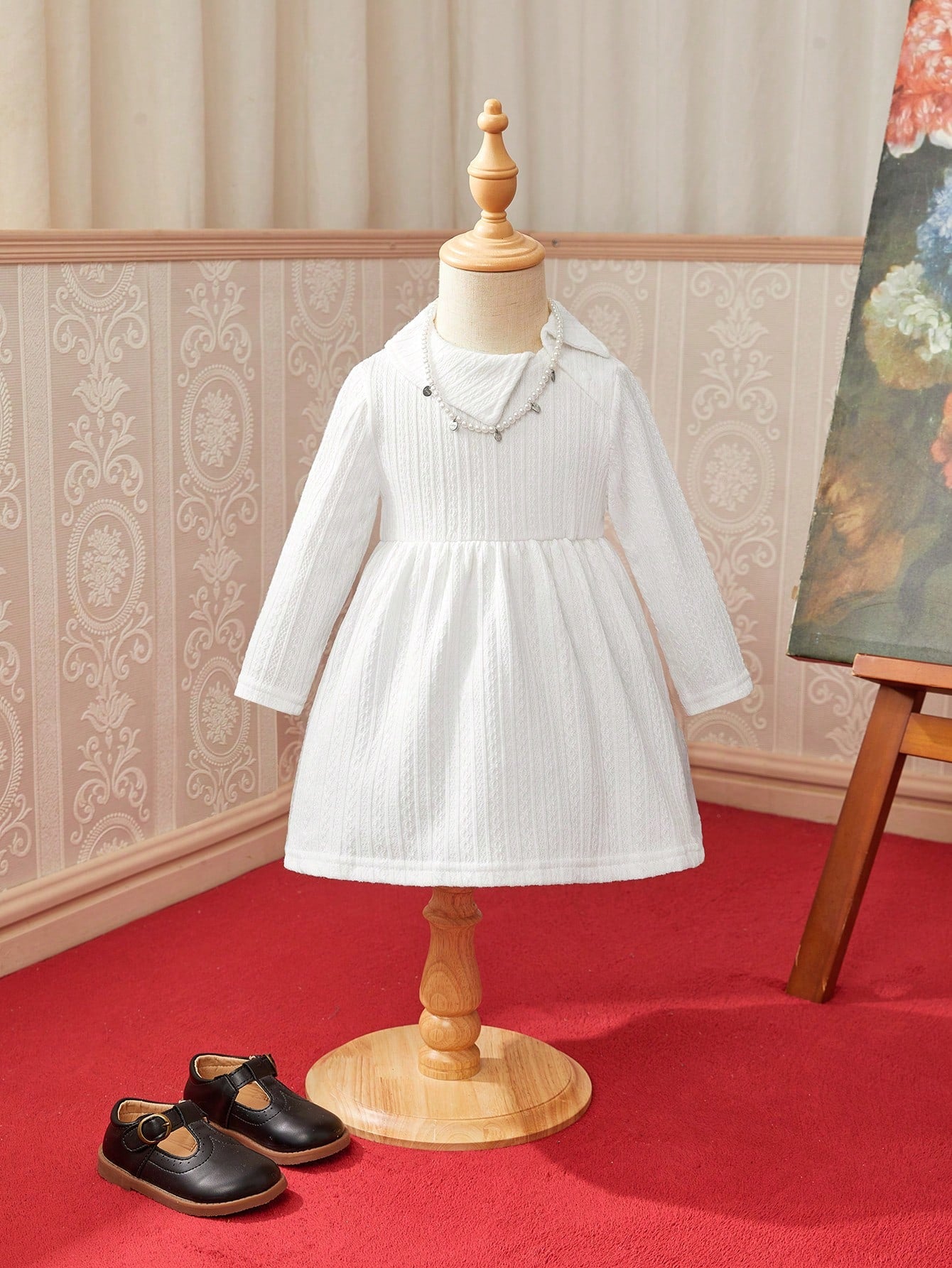 Baby Girls' Casual Elegant Asymmetrical Collar Design A-Line Dress With Waist Pleats And Jacquard Pattern