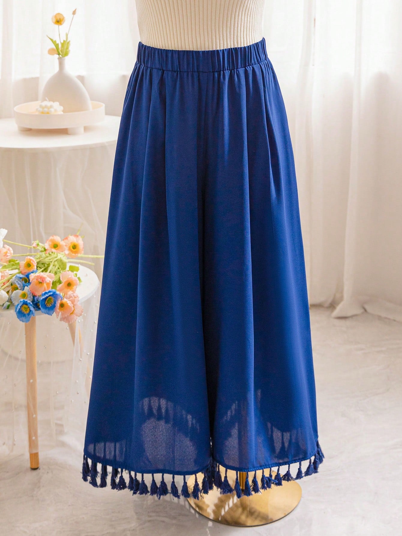 WYWH Casual Vacation Navy Blue Elastic Waistband Tassel Decoration Loose And Comfortable Wide Leg Large Size Trousers