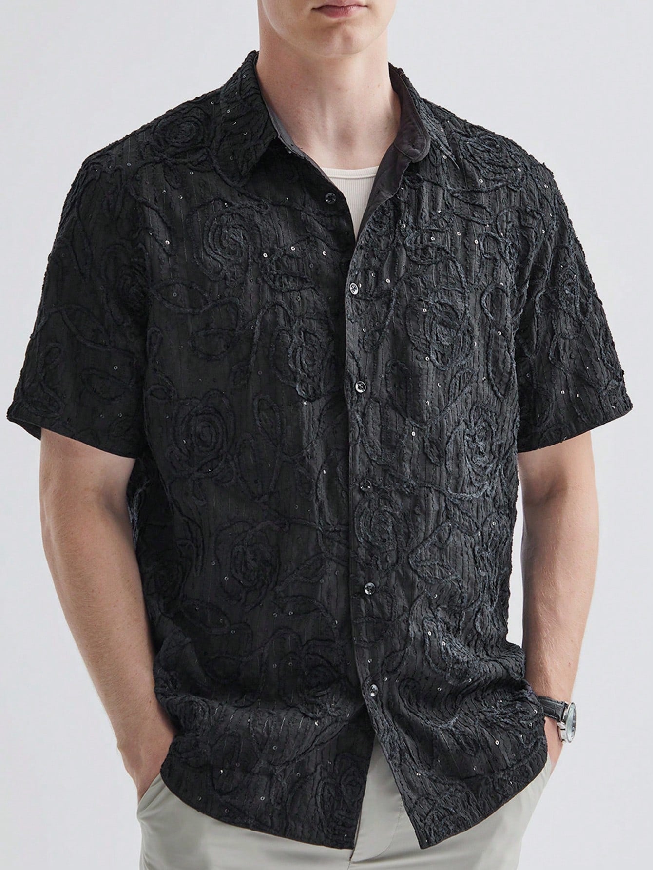 Men's Woven Plain Velvet Thread Beaded Embroidery Short Sleeve Regular Fit Casual Shirt, Suitable For Daily Wear In Spring And Summer