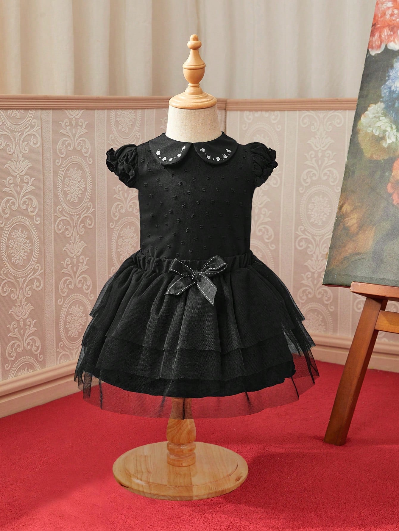 Baby Girl Summer Fashionable Ladylike Peter Pan Collar Short Sleeve Top And Mesh Skirt Cute Outfit