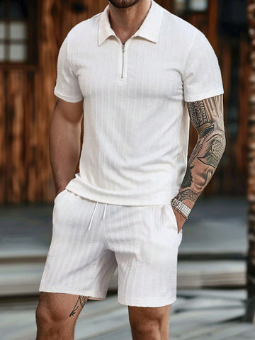 Men's Summer Casual Solid Color Short Sleeve Polo Shirt And Shorts Set