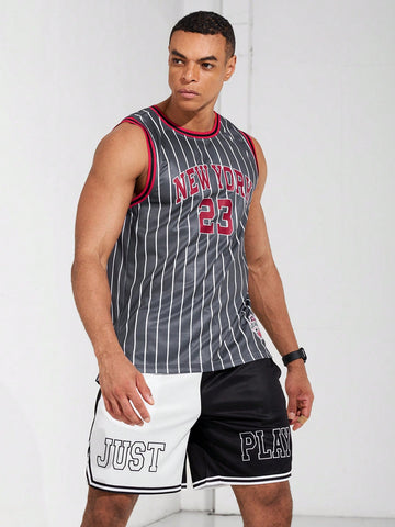 Men's Letter Striped Print Round Neck Casual Sports Vest