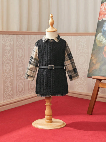 Baby Girl Plaid Print 2 In 1 Belted Dress