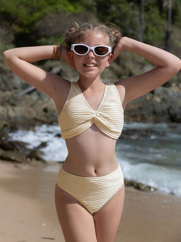 Tween Girl Solid Color Twist Front Simple Vacation Swimwear Swimsuit With Swim Trunks Set