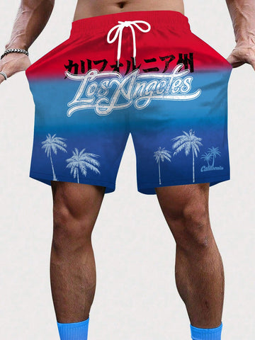 Men's Coconut Tree & Letter Printed Gradient Drawstring Waist Casual Shorts For Vacation