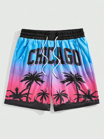 Men's Coconut Tree & Letter Printed Gradient Drawstring Waist Vacation Shorts