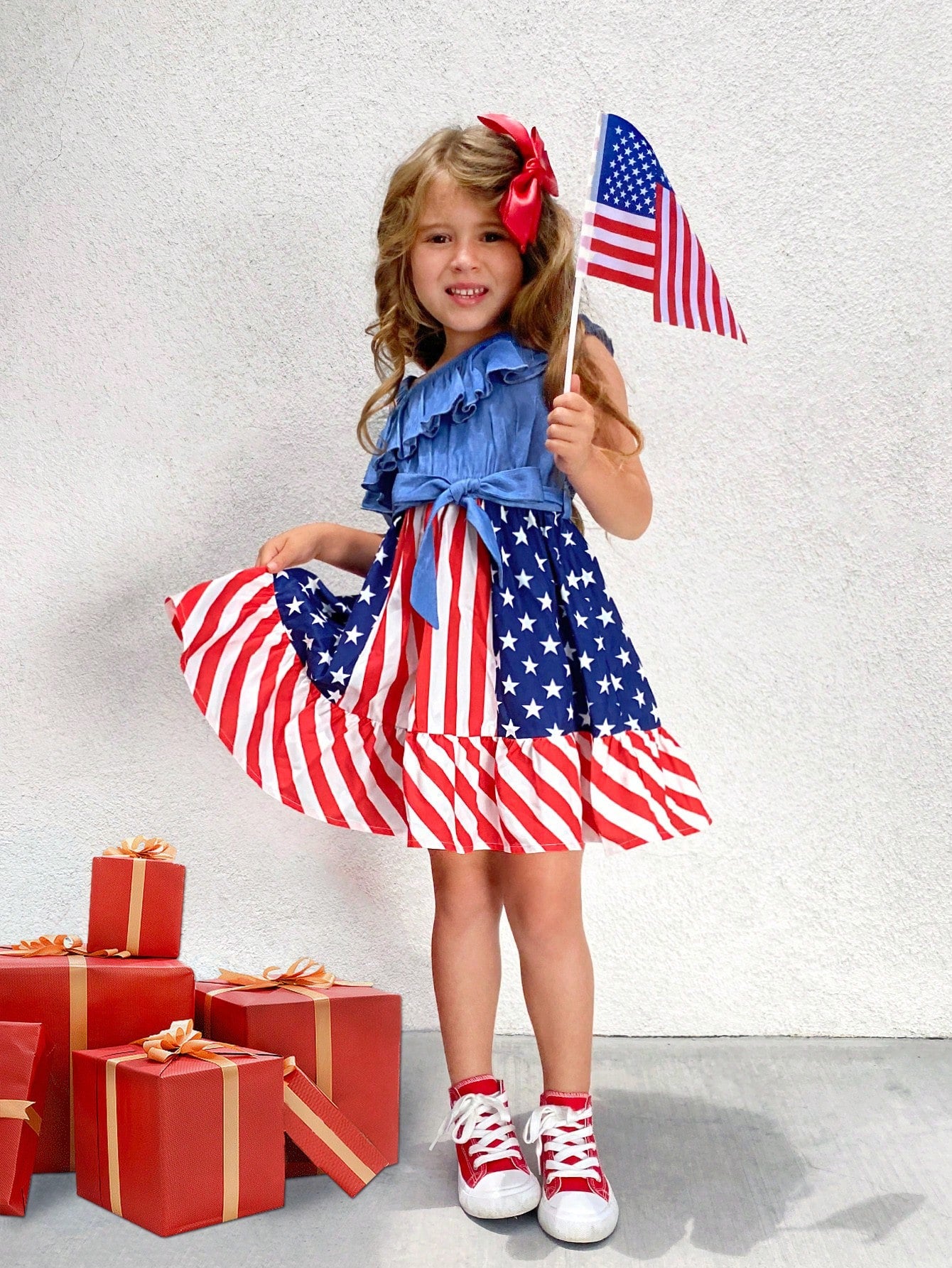 Young Girl Woven Solid Color One Shoulder Strap Dress With Ruffle Trim, Star & Stripe Pattern, Casual & Stylish