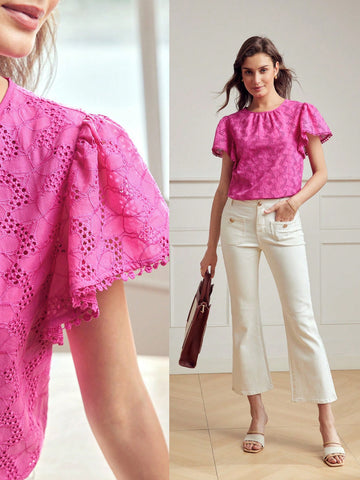 SOLID SCHIFFY LACE TRIM FLUTTER SLEEVE BLOUSE