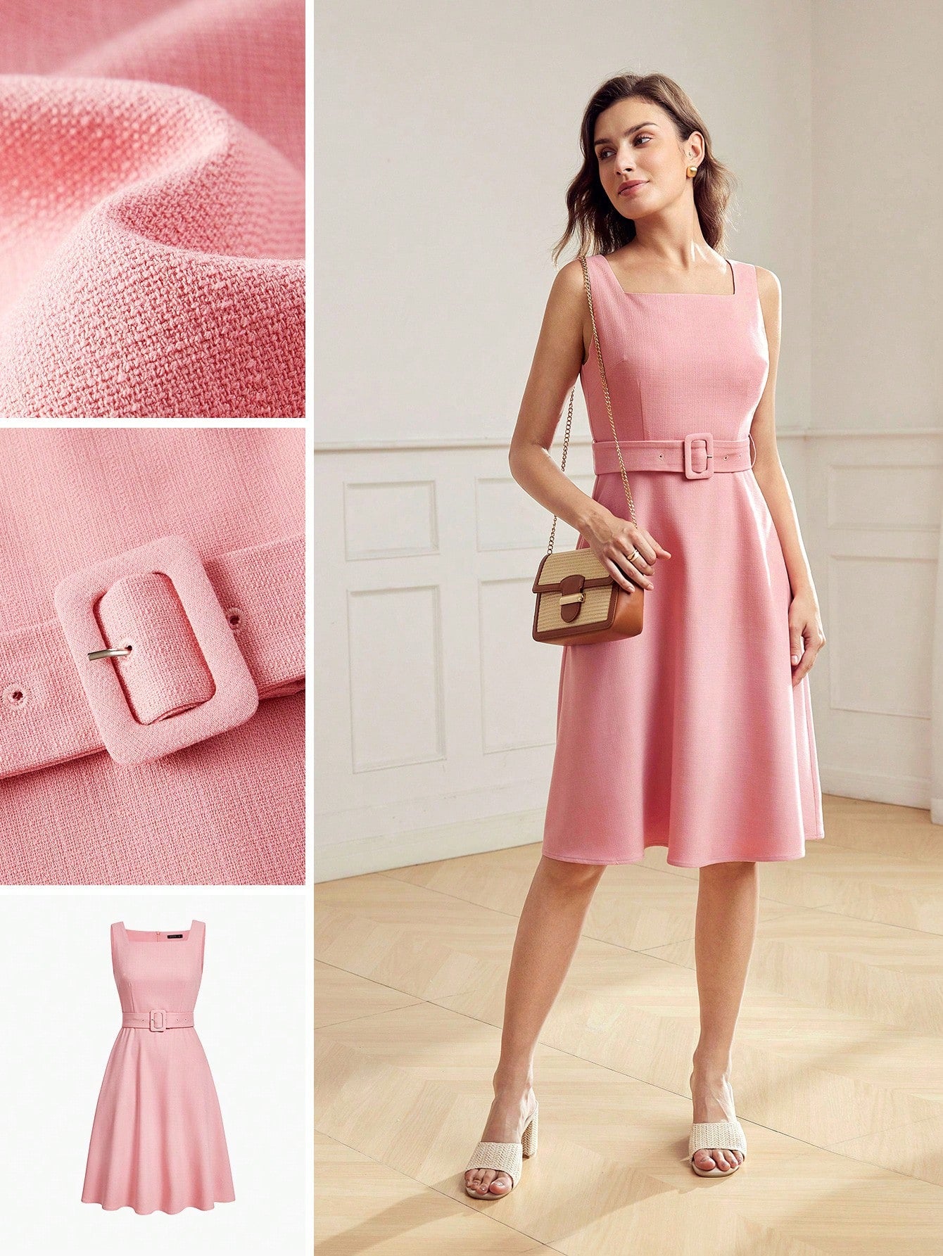 SOLID SQUARE NECK BUCKLE BELTED DRESS