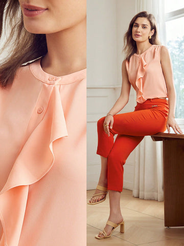 SOLID RUFFLE TRIM BUTTON PLACKET SLEEVELESS BLOUSE