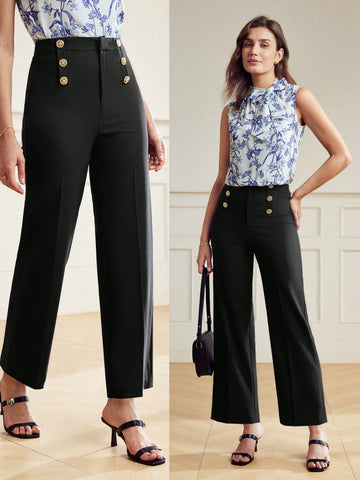 GOLD BUTTON DETAIL SEAM FRONT SUIT PANTS